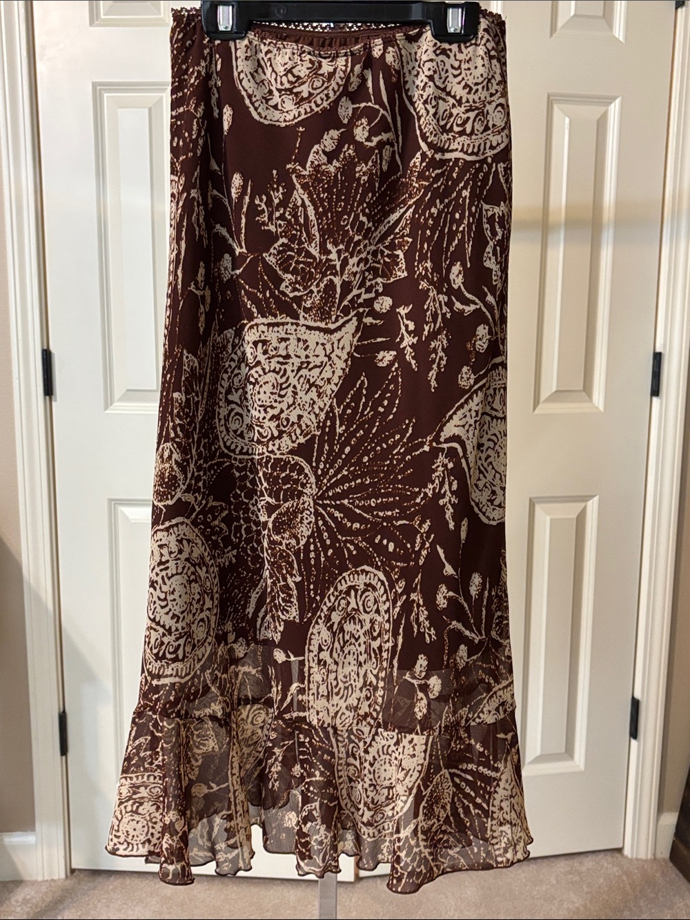 Brown Paisley Maxi Skirt with Flounce Hem